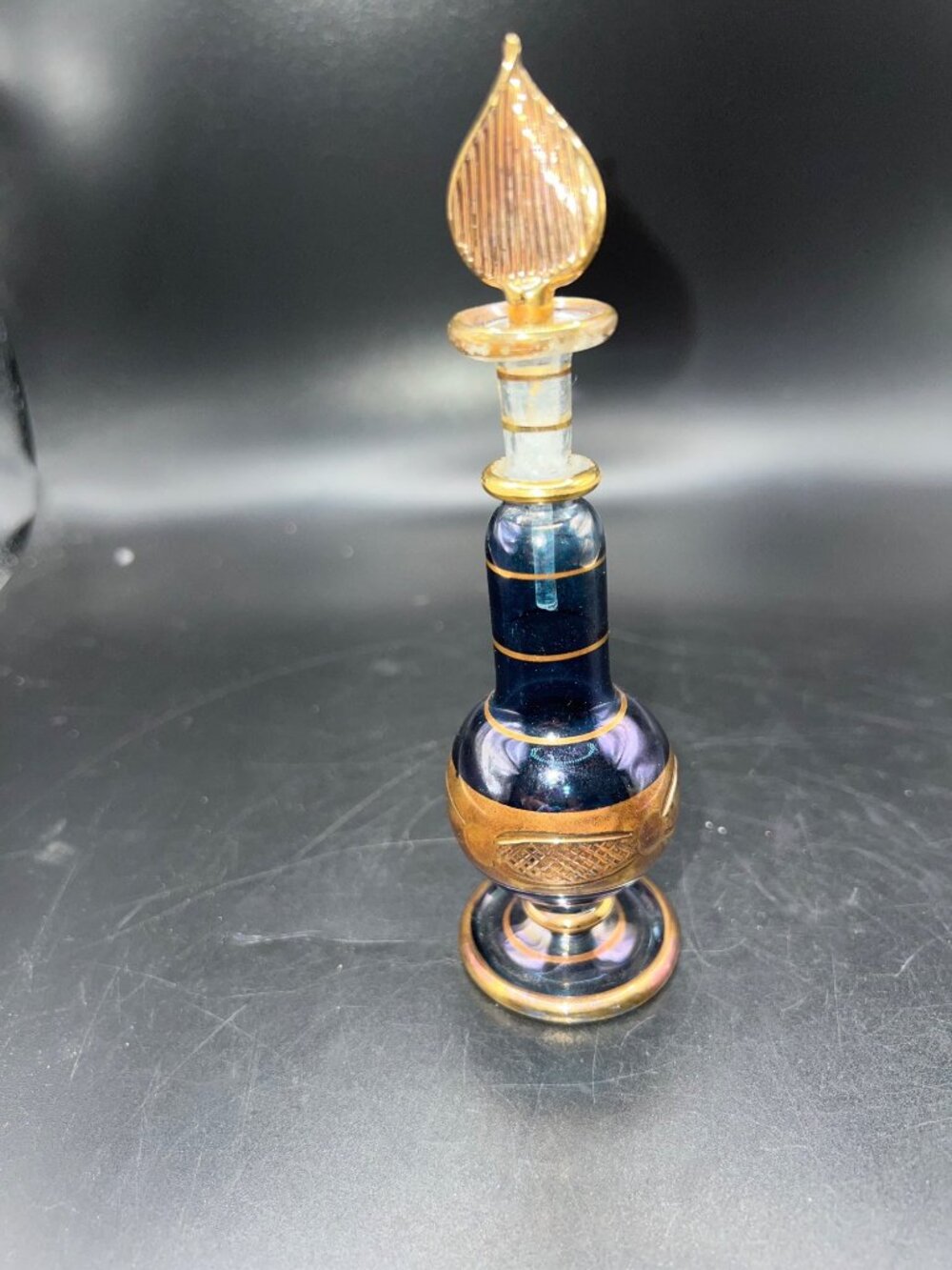 Handcrafted Egyptian Glass Perfume Bottle Gold Detailing Flame Stopper Vintage